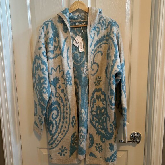 Stitchdrop Cardigan Hoodie Long Open Front Sweater Cream/Blue Pattern SZM - Picture 5 of 10
